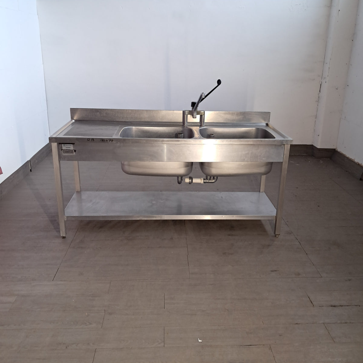 Lavandino 2 vasche in acciaio AISI 304 per ristorante (vasca 60x50x30) L 180 P 70 H 85)