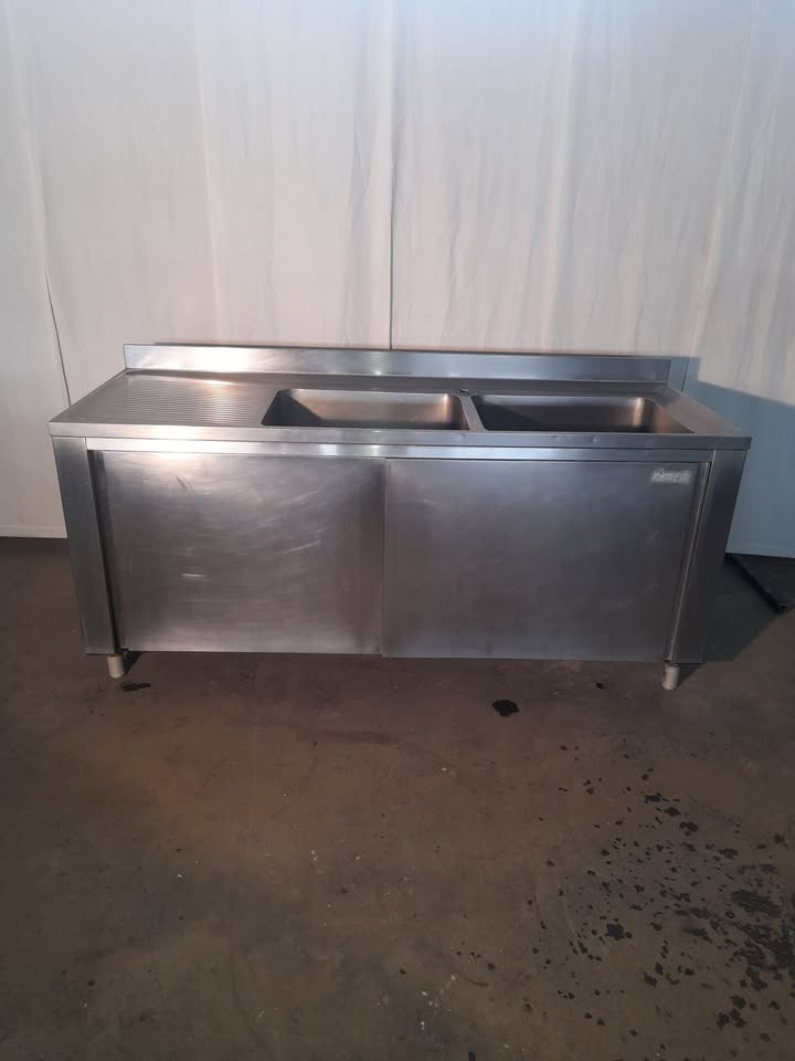 Lavandino 2 vasche in acciaio AISI 304 con 2 sportelli per ristorante (Marca MBM) L 190 P 70 Alto 85 (vasca 60x47xx35)